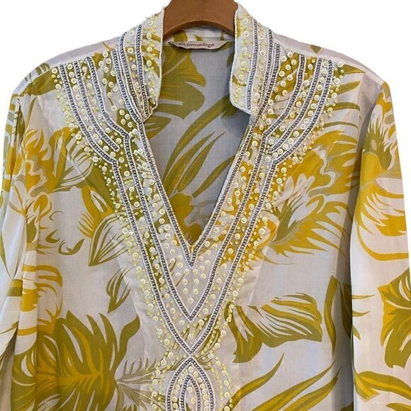 Soft Surroundings M Yellow Heavy Beaded Tropical Palm V-Neck Resort Swim Cover - Picture 4 of 8